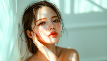 A serene portrait of a woman illuminated by soft natural light and playful shadows.