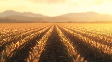 Sunset over rows of crops in a field, mountains in background; farming backdrop