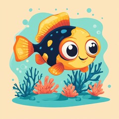 Naklejka premium Happy cartoon fish swimming among colorful coral underwater scene digital art playful environment vibrant viewpoint