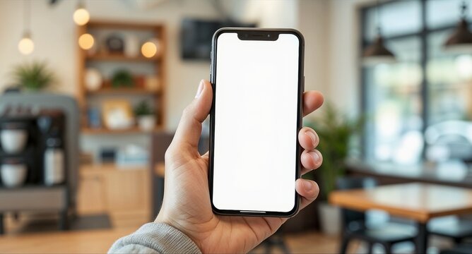 Close-up, hand holding smartphone with empty screen mockup in coffee store interior