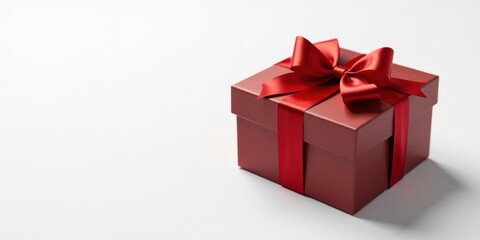 Obraz premium A maroon gift box adorned with a vibrant red satin ribbon and bow, resting on a plain white surface, conveying a sense of elegance and anticipation for a special occasion