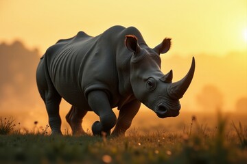 Obraz premium Majestic Rhinoceros Silhouette at Golden Hour, a Powerful Creature in its Natural Habitat