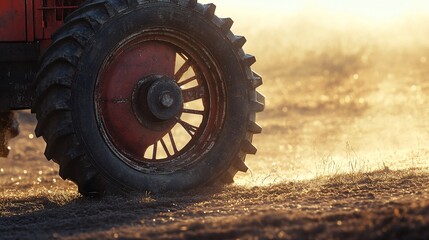 Tractor wheel in field, sunset, agriculture