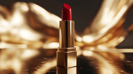 Red lipstick on gold background; beauty product shot; luxury cosmetics