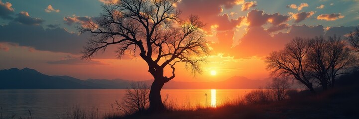 A serene sunset over a calm lake, silhouetted trees enhance the tranquil atmosphere, perfect for nature, travel, and wellness themes.
