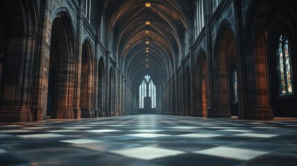Obraz premium Gothic cathedral aisle, sunlight, stained glass, empty space