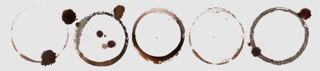 Coffee stain circle marks set of brown rings with splashes and blotches. Textured round borders from beverage drops and spots. Natural dried liquid traces. Hot drink cup dirty stamp and splatters.