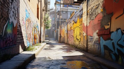 Fototapeta premium Urban alleyway graffiti art, city background, sunlight