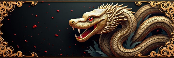 Obraz premium A striking dragon illustration adorned with intricate detailing, perfect for projects related to fantasy, mythology, and cultural themes.