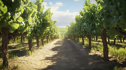 Vineyard path, sunny day, rolling hills, wine production