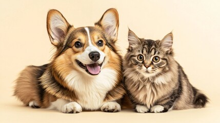 Obraz premium Adorable Dog and Cat Together on Soft Neutral Background
