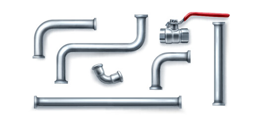 Plumbing 3d metal pipe elements set - straight tubes, curved connections and joints, valve with red handle. Chrome steel industrial parts with fittings, corners, elbows for construction design.
