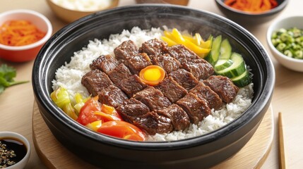 A close-up shot of a steaming bowl of beef rice, featuring juicy beef slices over fragrant jasmine rice, with colorful vegetables adding a vibrant touch.