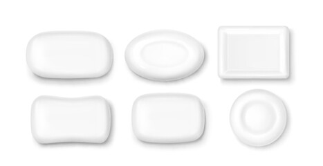 Soap bar 3d collection with different shapes - oval, round, rectangular pieces in white color. Clean bathroom accessories with realistic texture and smooth surfaces for hygiene mockup design.