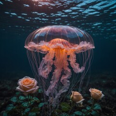 A luminous jellyfish surrounding a floating rose.