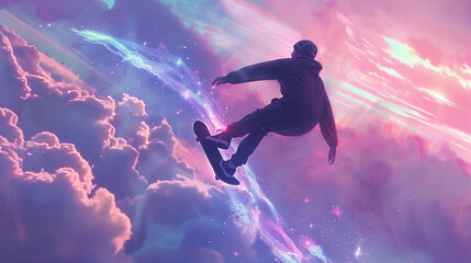 A dreamy scene of a skateboarder soaring through a pastel sky, leaving a trail of sparkling, hand-drawn animation behind, blending fantasy and freedom.