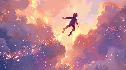 Obraz premium A dreamy scene of a skateboarder soaring through a pastel sky, leaving a trail of sparkling, hand-drawn animation behind, blending fantasy and freedom.