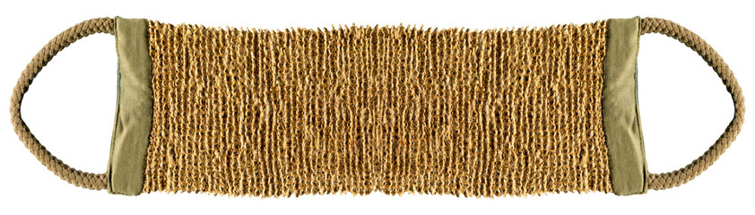Scrub belt made of jute, cleaning and massaging cloth with a hard fleece used when washing to clean the body in the bath, white isolated material