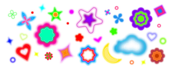 Y2k colorful shapes set with blur neon effect - stars and hearts, flowers, cloud and moon, sparkles. Bright glowing abstract elements with retro gradient outlines for nostalgic digital aesthetic.