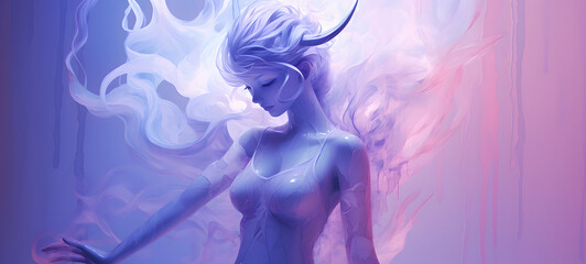 devil oni coming our of chrysalis, plain pastel purple background, ai generative