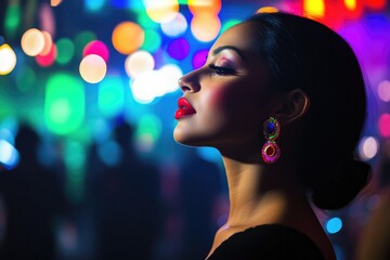 Captivating woman immersed in vibrant lights, exuding grace and
