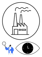 Factory emitting smoke inside a circle, person with magnifying glass, and an eye with a clock. Ideal for industry, inspection, time management, productivity, compliance, monitoring abstract line