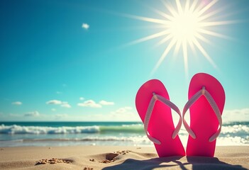 Pink Flip-Flops on Sandy Beach: Carefree Summer Vibe with Ocean Waves and Sunny Sky, Perfect Vacation and Relaxation Image

