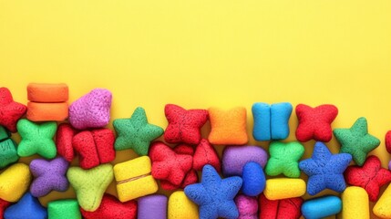 Assorted Colorful Soft Toy Shapes Including Stars And Cubes on Bright Yellow Background