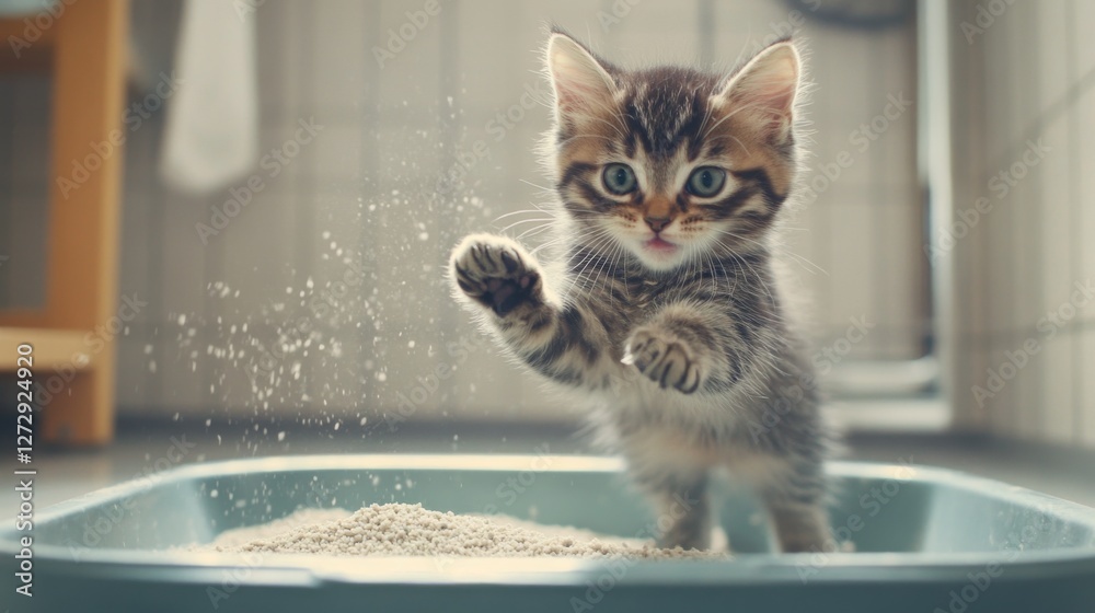 Poster a delightful image of a cat playfully swatting at the litter inside its box, with grains of sand fly