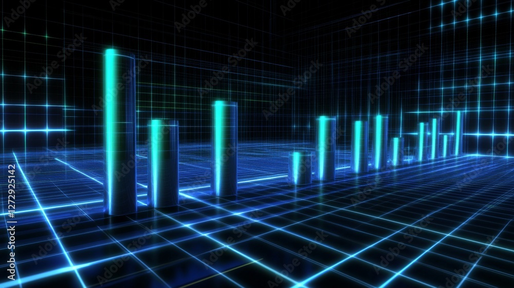 Poster A detailed D financial bar graph with rising bars in blue and green tones, set against a modern digital grid background with glowing elements.