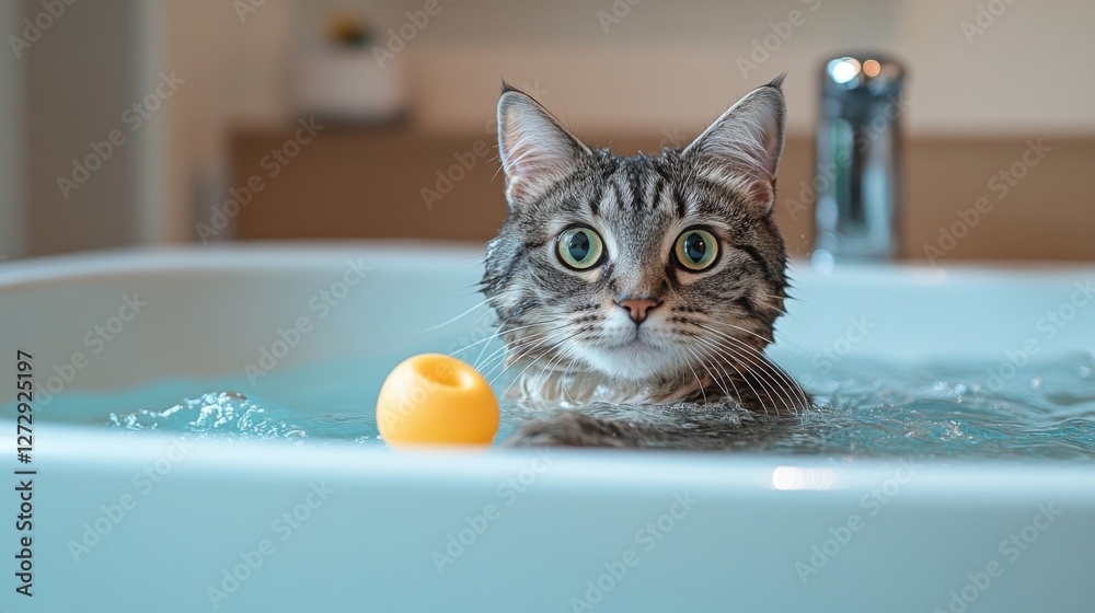 Poster a delightful view of a cat playing with a small rubber toy in a bathtub filled with water, illustrat
