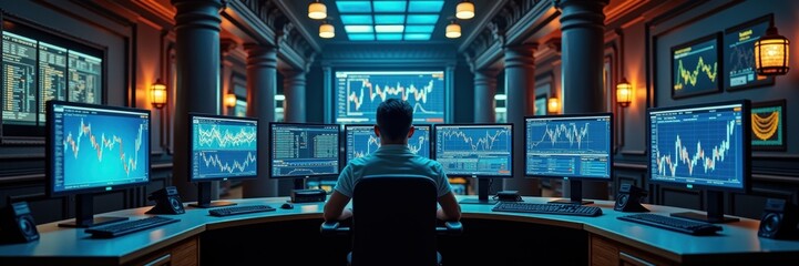 A focused individual analyzes multiple screens filled with market data and graphs in a sophisticated trading room, epitomizing modern finance and technology.