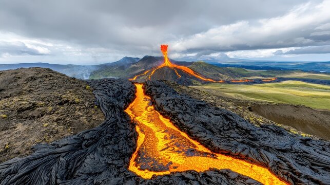 Active volcano erupting in Iceland sending lava flows across landscape