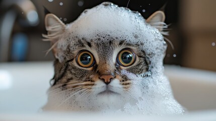 A dramatic close-up of a cats face covered in bubbles during bath time, with wide eyes and a curious expression, highlighting its playful personality.