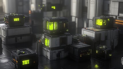 Futuristic server room glowing data cubes, network activity