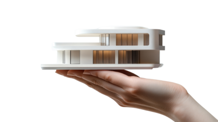 Hand holding modern building model isolated on white transparent background