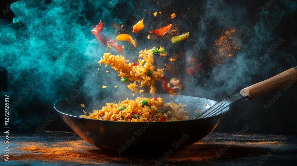 Poster A dynamic image of a chef skillfully tossing fried rice in a sizzling wok, with steam rising and vibrant ingredients flying, capturing the excitement of cooking.