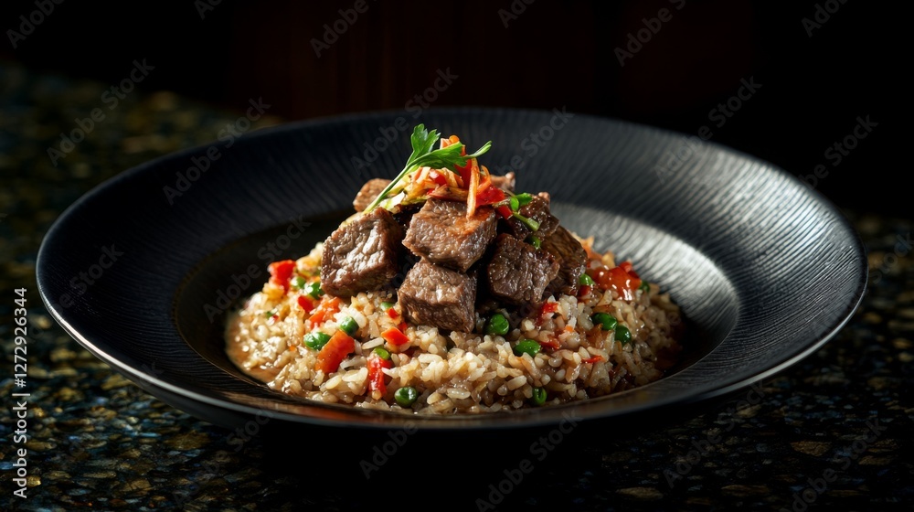 Poster a dynamic image of beef rice with a glossy sauce glistening under soft lighting, showcasing the dish