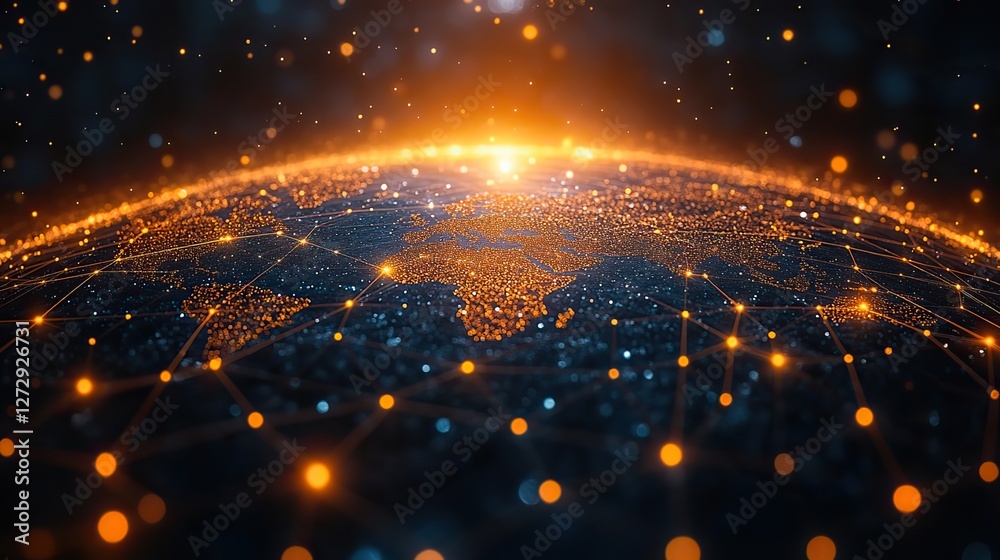 Poster global network connection with geometric grid linking the world representing society community and a
