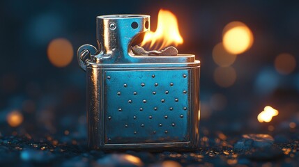 Vintage lighter igniting outdoors at night with bokeh lights