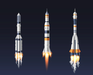 Realistic space rocket set of launching spaceships with burning engines and smoke trails on dark background. Detailed 3d white and orange vessels with metallic textures for aerospace projects.