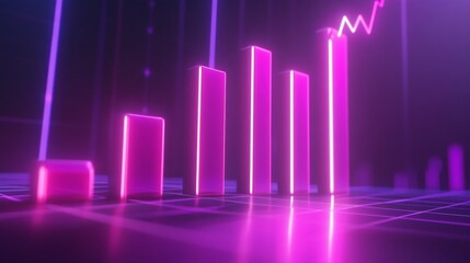 A futuristic D bar chart with illuminated bars in various heights, highlighting business growth data in a digital finance environment.