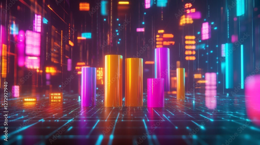 Aufkleber a futuristic financial d bar graph showing rising bars in bright colors, floating against a digital 