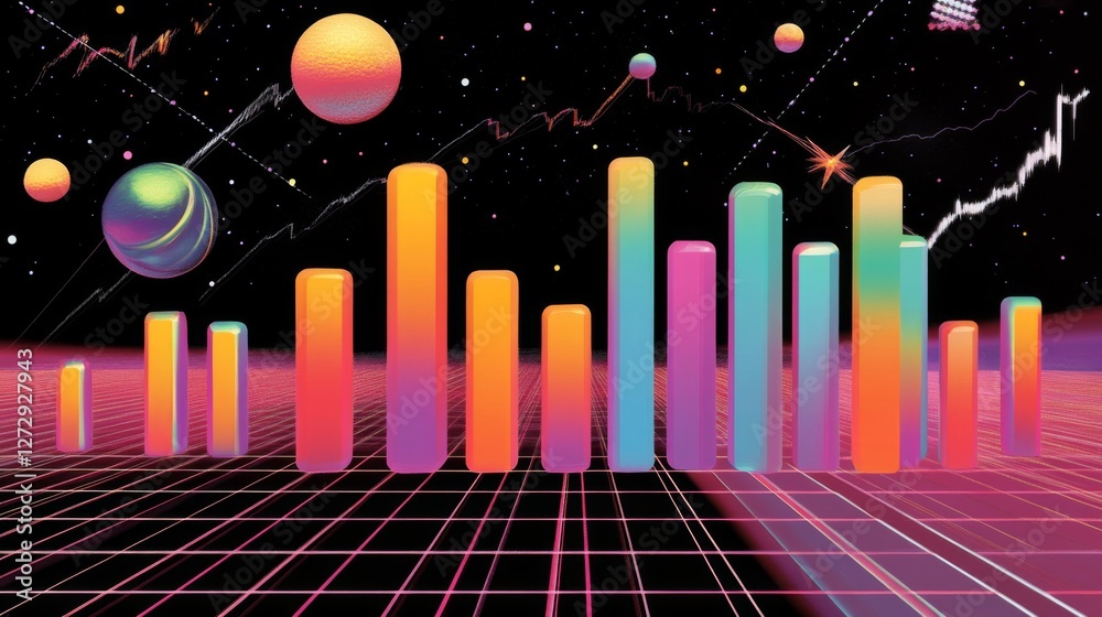 Poster A futuristic financial D bar graph showing rising bars in bright colors, floating against a digital grid background with financial symbols.