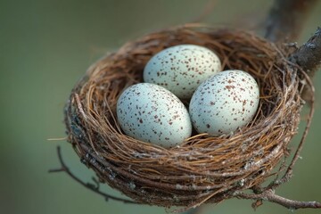 Obraz premium Three speckled eggs resting in a cozy nest among branches in a tranquil setting
