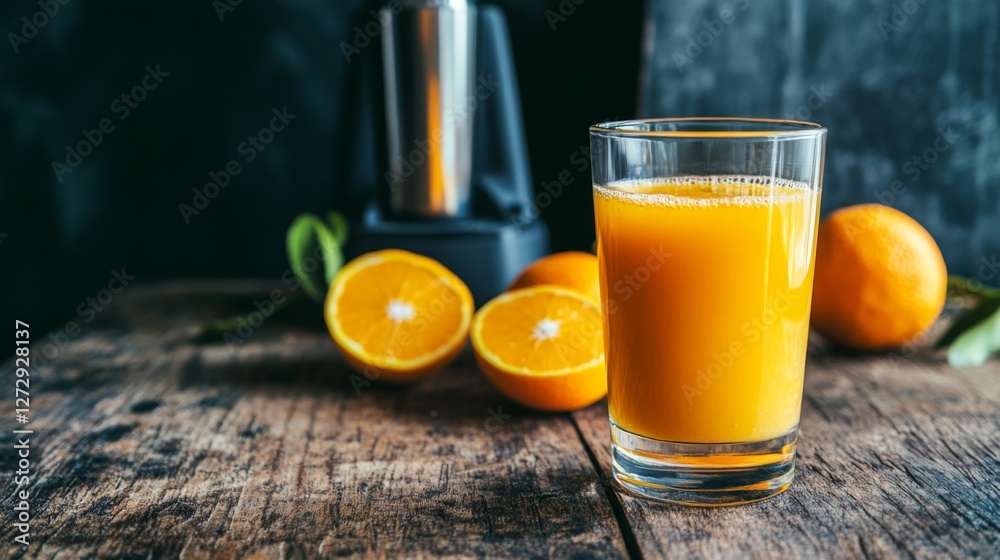 Poster a glass of freshly squeezed orange juice sitting on a rustic wooden table, with a few whole oranges 