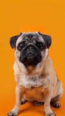 Obraz premium Pug dog looking at the camera on orange background.