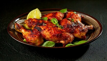 Flavorful Ayam Taliwang grilled to perfection, served with aromatic fresh basil. Perfect for culinary, traditional food, Southeast Asian cuisine, and restaurant-themed microstock use. Ai Generated