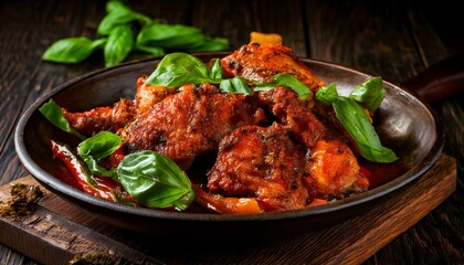 Fototapeta premium Flavorful Ayam Taliwang grilled to perfection, served with aromatic fresh basil. Perfect for culinary, traditional food, Southeast Asian cuisine, and restaurant-themed microstock use. Ai Generated