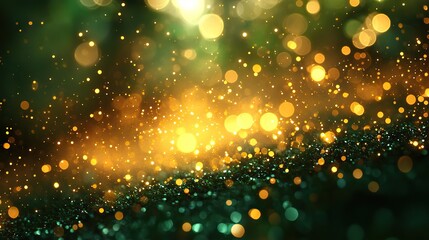 gold and green bokeh banner with abstract green blurred background